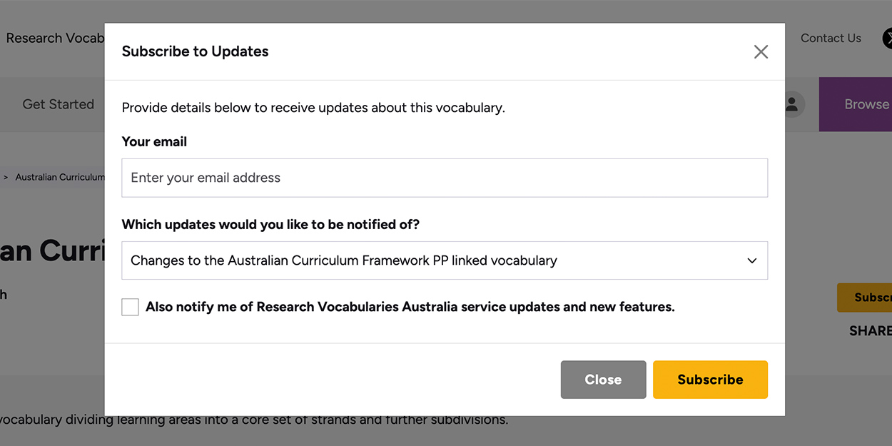 Screenshot of the RVA interface subscribe functionality.